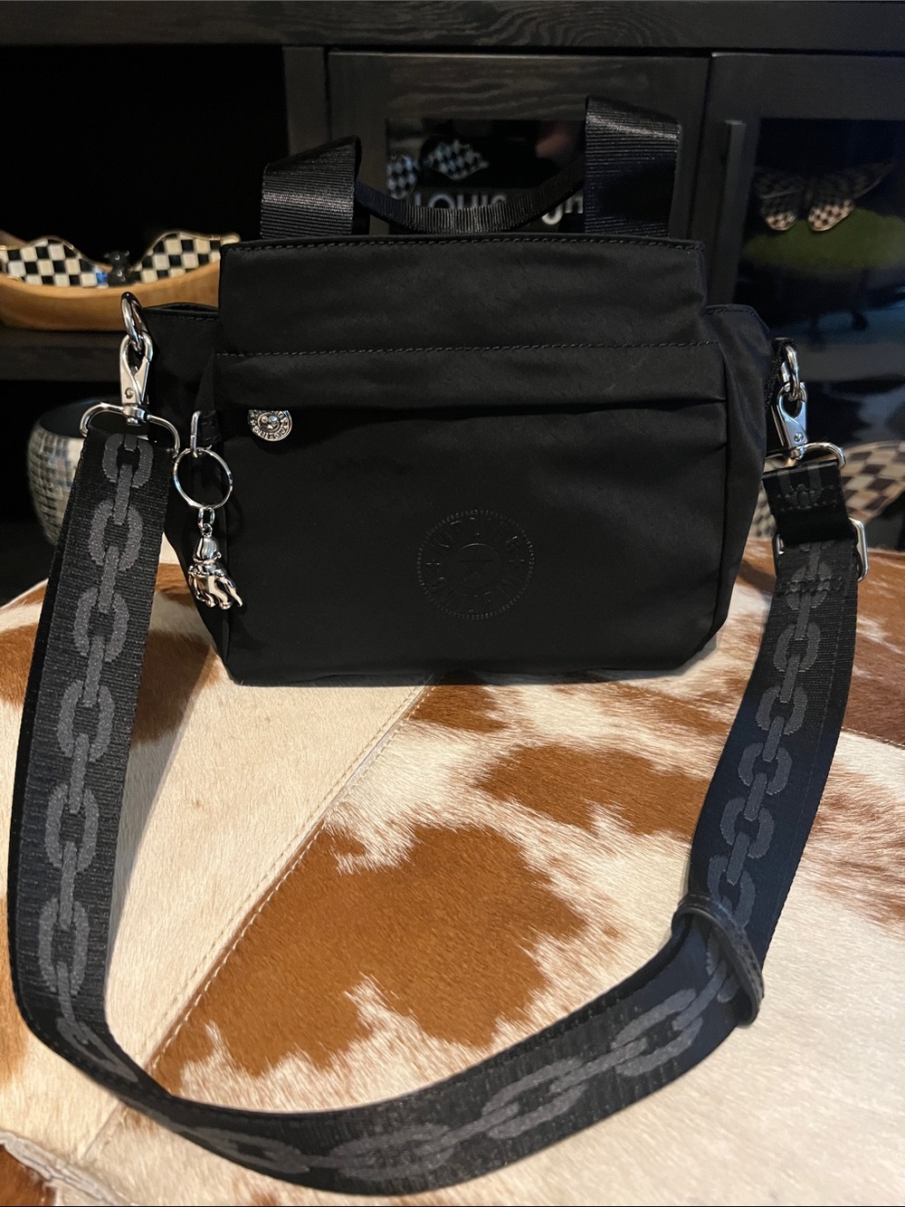 Kipling Black Nylon Small Messenger Bag with Chain-Pattern Strap